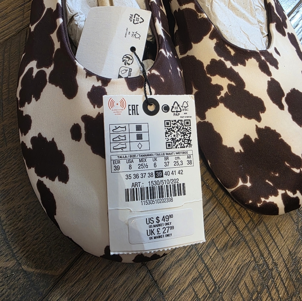 NWT Zara Satin Cow Animal Print Fabric Ballet Flats in Beige/Brown 7.5,  8 - Picture 5 of 7